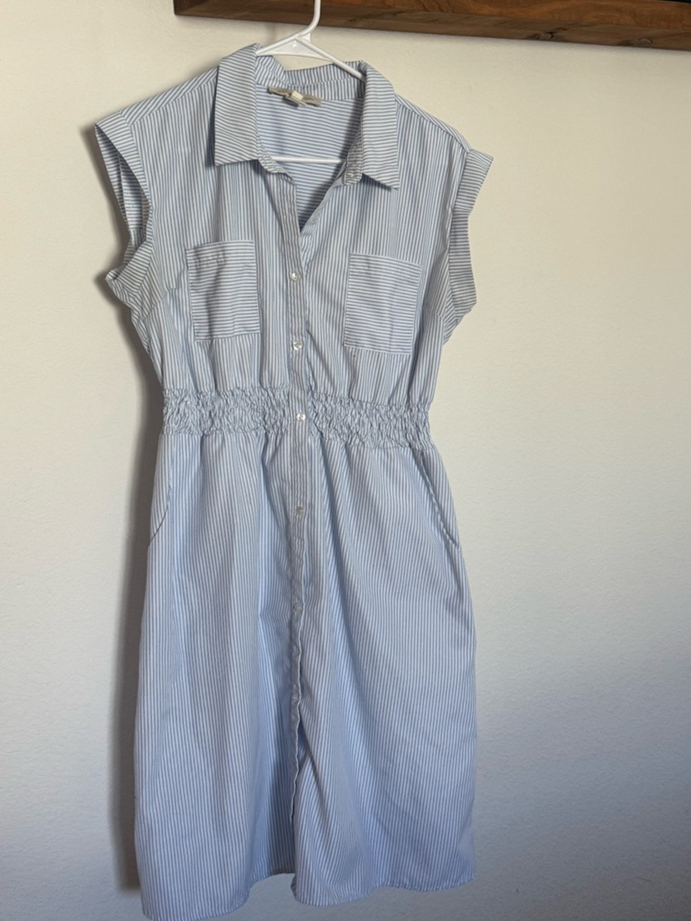 Light Blue Pinstripe Button-Front Shirt Dress